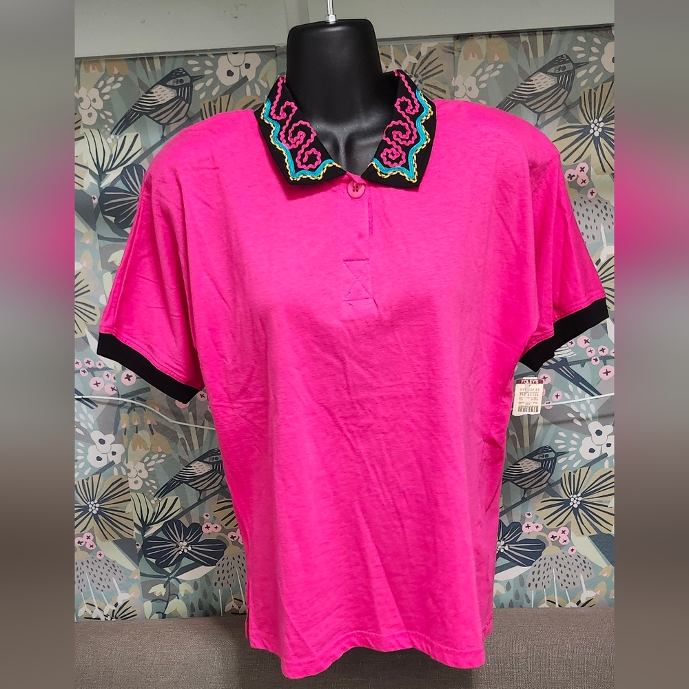 Vintage 90's Carole Little Pink and Black Embellished Polo Top 100% Cotton